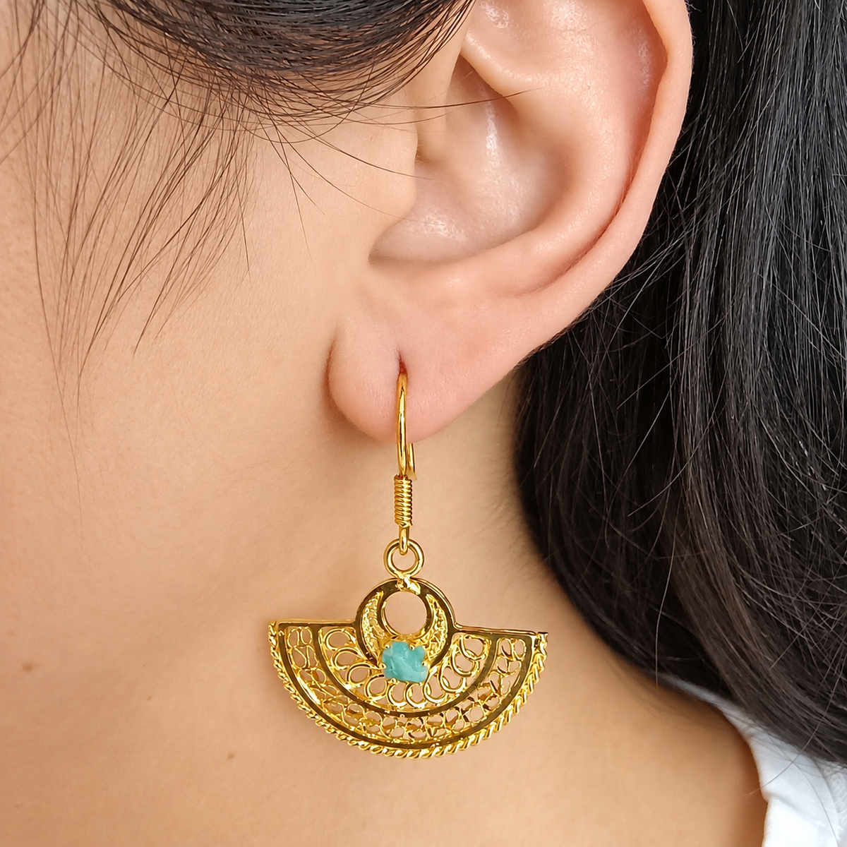 💚 Aretes Filigrana Nariguera abanico cultura Sinú con morralla esmeralda